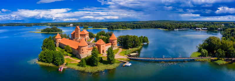 Aerial view of Trakai, over medieval gothic Island castle in Galve lake. Flat lay of the most beautiful Lithuanian landmark. Trakai Island Castle, most popular tourist destination in Lithuania