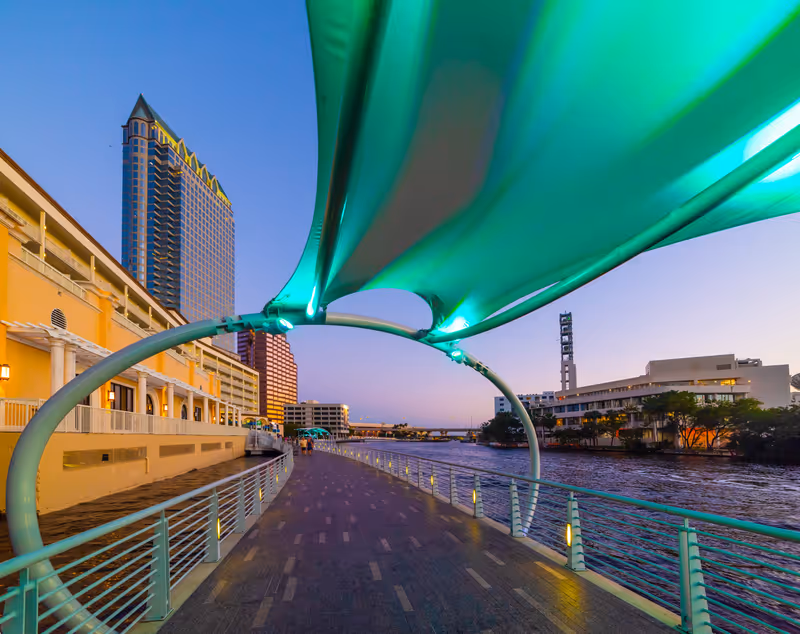 Skyscrapers by riverwalk promenade in Tampa, USA