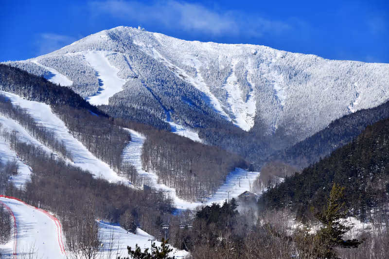 Snow covered Whiteface Mountain ski area in the Adirondack Mountains, New York