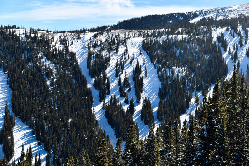 Double diamond trails at Breckenridge ski resort in winter time with snow in the Colorado Rocky Mountains
