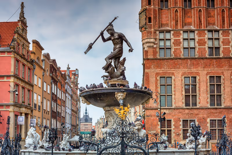 Fountain of the Neptune in old town of Gdansk, Poland