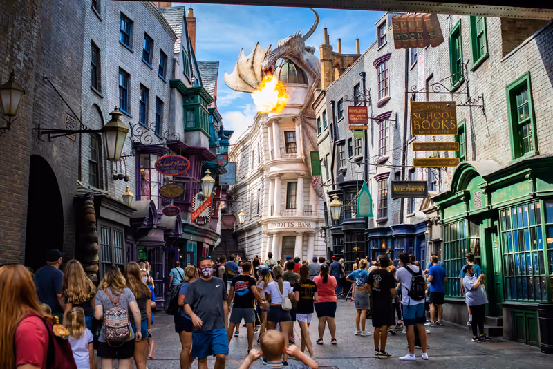 Orlando, USA - Feb. 12, 2021: Fire breathing dragon on top of Gringotts bank at Harry Potter World