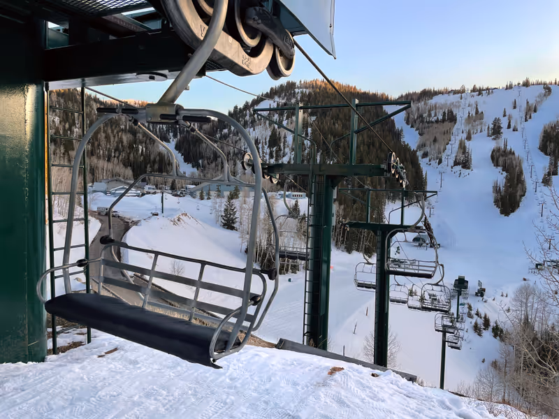 Empty ski lift March 30, 2021 Stein Eriksen Lodge resort in Deer Valley, Utah.