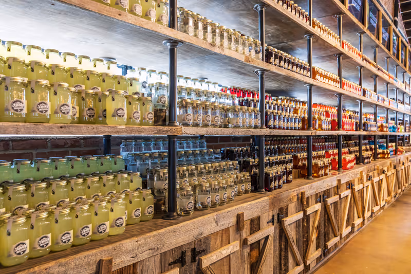 NASHVILLE, TN, USA - MARCH 28, 2021: The Ole Smoky Distillery, located in downtown Nashville, is known for its variety of moonshine flavors.