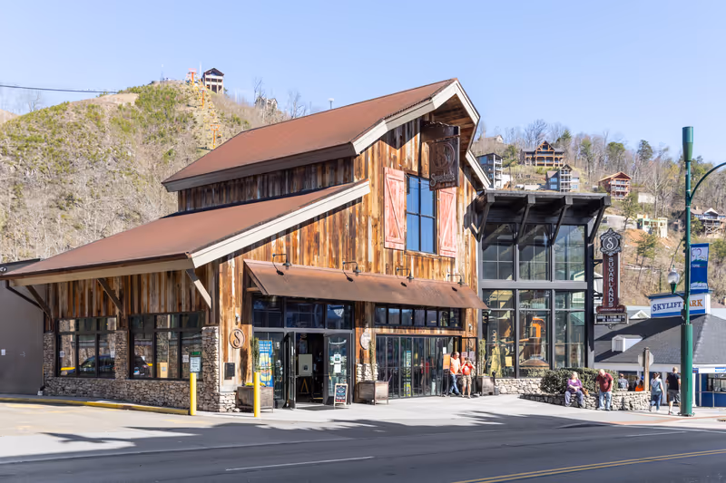 GATLINBURG, TN, USA - MARCH 26, 2021: Sugarlands Distilling Company is a moonshine distillery in downtown Gatlinburg that offers tours, tastings, and live music.