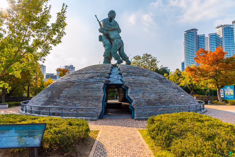 SEOUL, KOREA, OCTOBER 20, 2019: Statue fo Brothers at War Memorial of Korea in Seoul, Republic of Korea