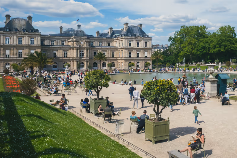 29 May 2021 - Paris, France: Locals relaxing and enjoying a sunny afternoon in Luxembourg Garden (Le Jardin du Luxembourg) in Paris