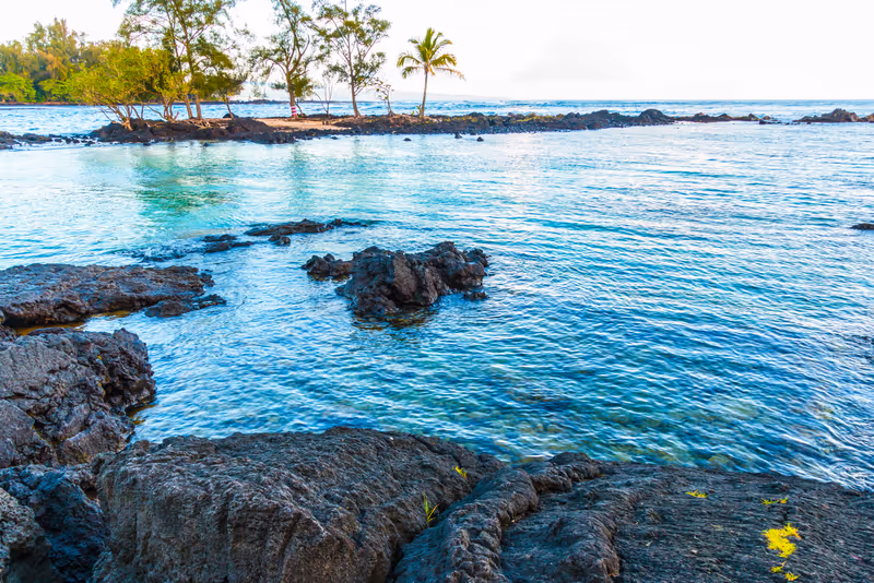 Small Island and Lava Rock Shoreline, Carlsmith Beach Park, Hilo, Hawaii Island, Hawaii, USA