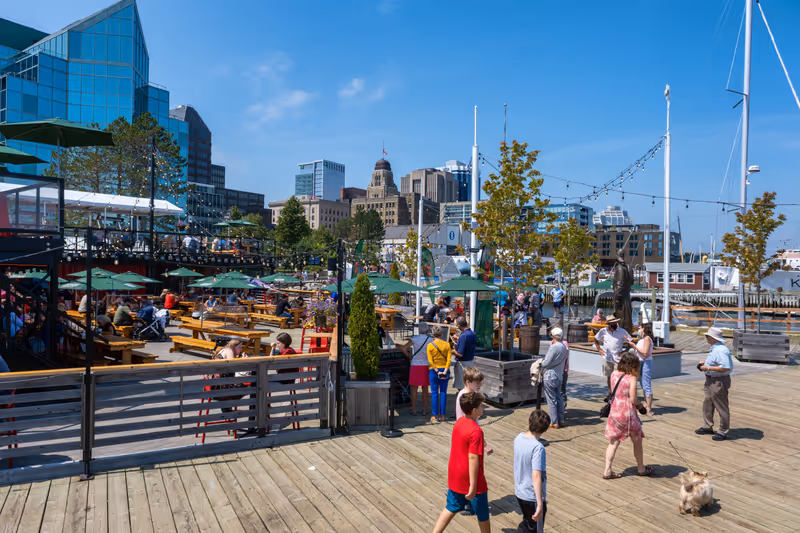 Halifax, Nova Scotia, Canada - 10 August 2021: People enjoy sunny day at Halifax Harbourfront, Canada