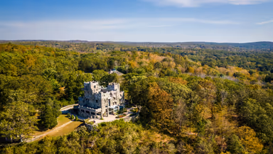 Aerial view of Gillette Castle and grounds in Gillette Castle State Park in Connecticut
