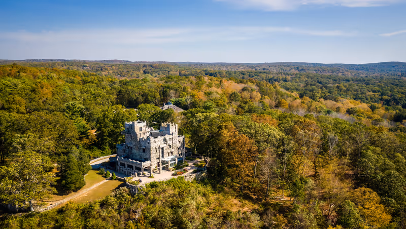 Aerial view of Gillette Castle and grounds in Gillette Castle State Park in Connecticut