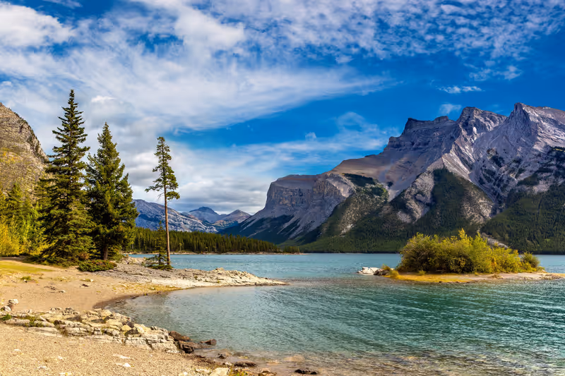 Small island on Lake Minnewanka in Banff National Park, Canada