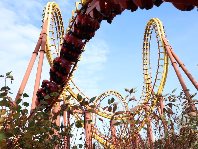 Parc Asterix, France-November 6, 2021: A day at the playground, or a Halloween theme. A thrilling roller coaster ride, and a house of horrors.