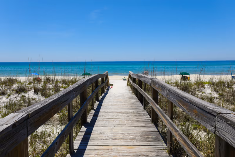 A beautiful view of a wooden path going to Henderson Beach State Park Destin in the USA