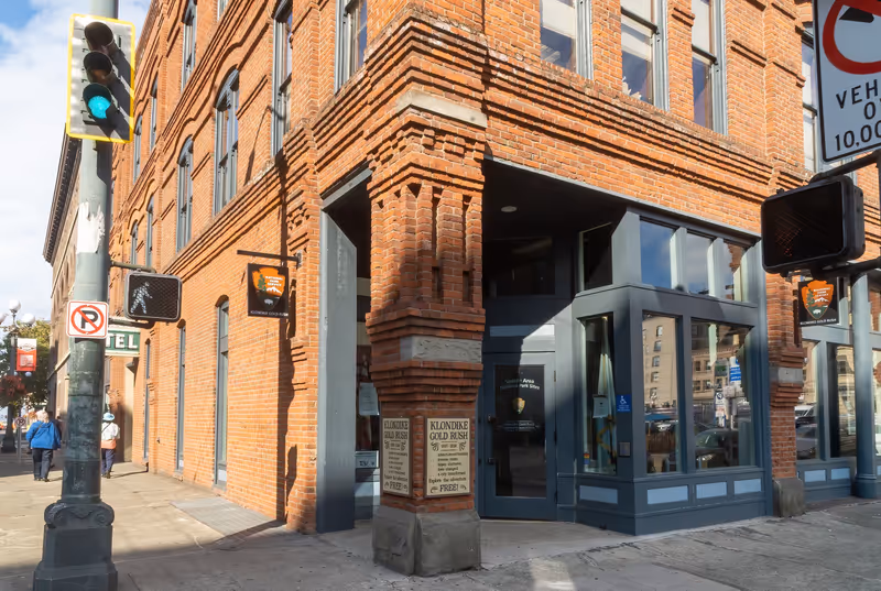 Seattle, WA - USA - Sept. 23, 2021: Horizontal view of Klondike Gold Rush National Historical Park. Located in Pioneer Square, a museum covering Seattle's involvement in the 1890s Klondike gold rush.