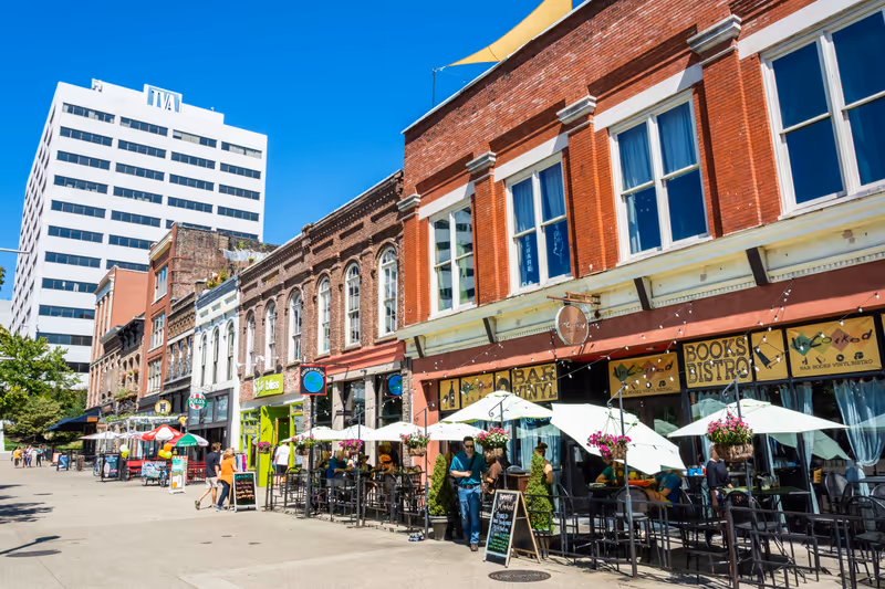 Knoxville, Tennessee, United States of America – September 25, 2016. Historic buildings and commercial properties on the Market Square in Knoxville, TN.