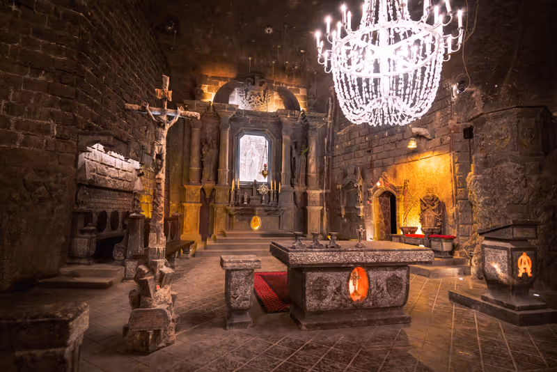 Wieliczka, Poland - Oct 24, 2019: St Kingas Chapel Altar at Wieliczka Salt Mine - Wieliczka, Poland