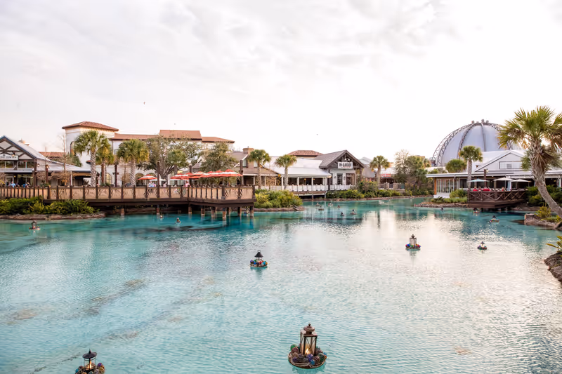 Orlando, Florida USA - February 18 2021: Disney Springs Lake with Shops