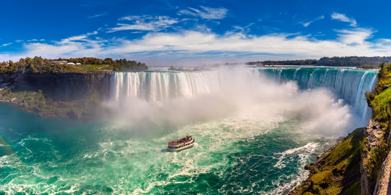 Panorama of Canadian side view of Niagara Falls, Horseshoe Falls and boat tours in Niagara Falls, Ontario, Canada