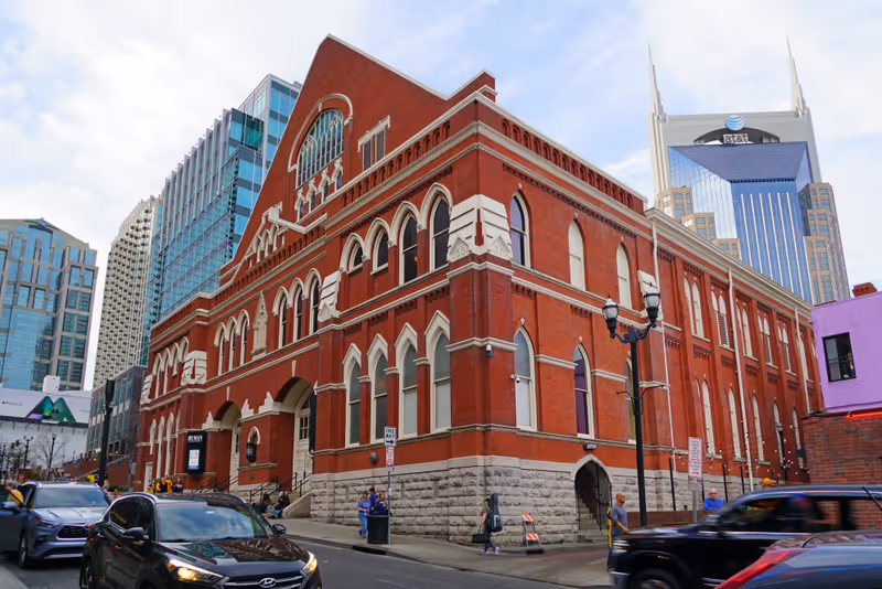 NASHVILLE, TN -30 MAR 2022- View of the Ryman Auditorium, a performance venue located at 116 5th Avenue North, in downtown Nashville, Tennessee.