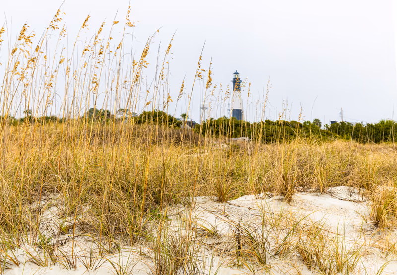 Sand Dunes on North Beach With Historic Tybee Island Light Station, Tybee Island, Georgia, USA