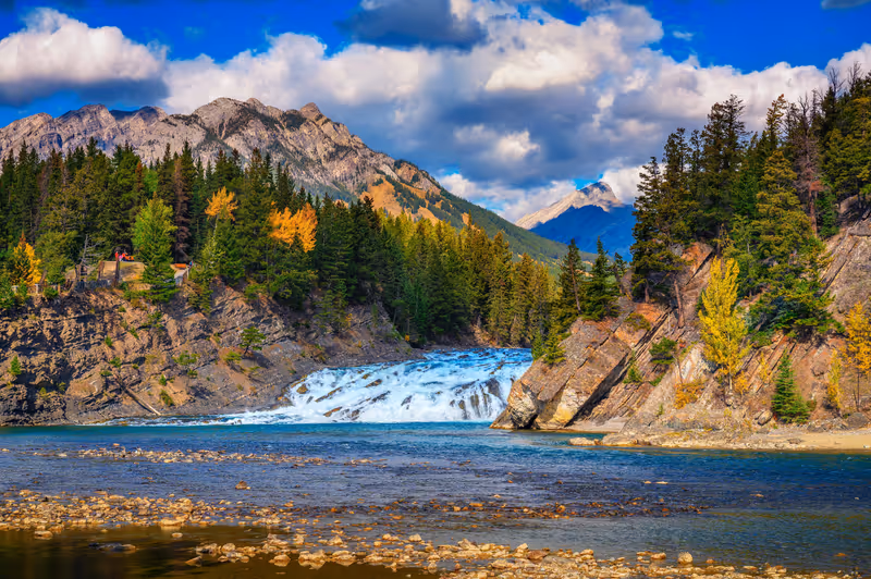 Bow Falls near the village of Banff in the Canadian Rockies, Alberta, Canada.