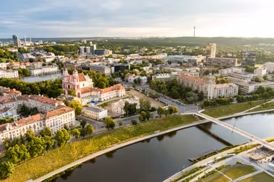 Aerial view of Vilnius Old Town, one of the largest surviving medieval old towns in Northern Europe. Summer landscape of UNESCO-inscribed Old Town of Vilnius, Lithuania
