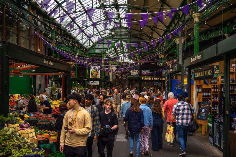 London, UK - Jun 09 2022: Crowd at Borough Market, Most beautiful markets in the world