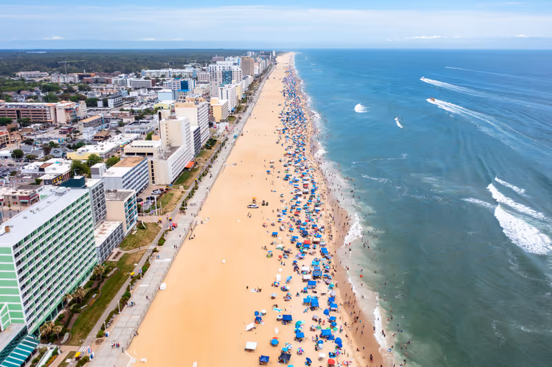 Virginia Beach Virginia - July 3 2022: Aerial view of the Virginia Beach oceanfront looking north on the busy 4th of July Weekend