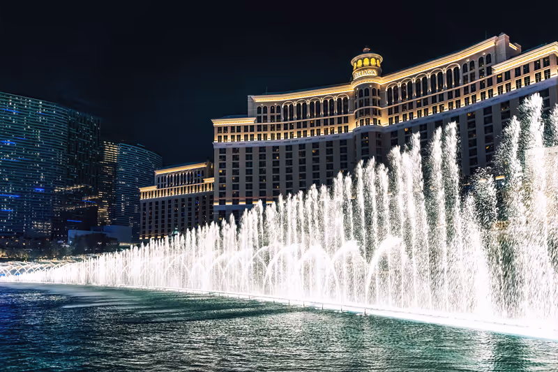 Las Vegas, Nevada, USA - August 01, 2022: View of the Bellagio Casino and Hotel at night on the strip