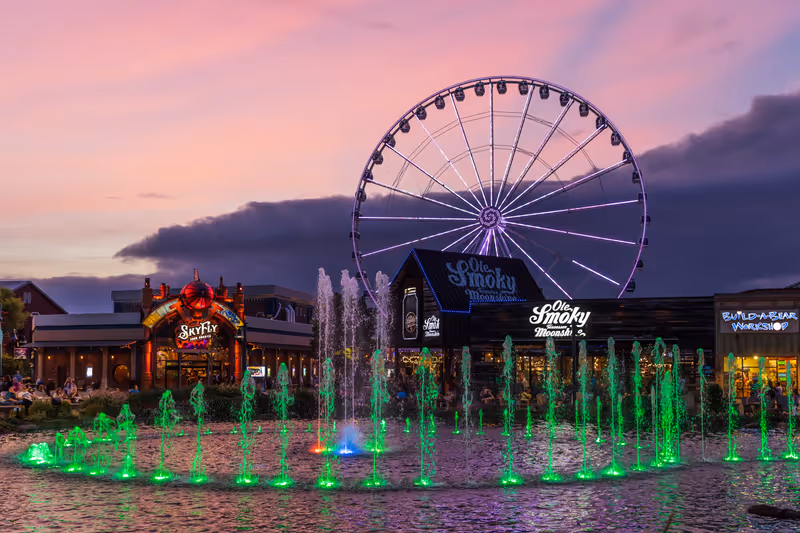 PIGEON FORGE, TN, USA - AUGUST 1, 2022: The Island in Pigeon Forge features stores, wineries, distilleries, and rides for all ages.