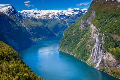 Gieranger fjord and Seven Sisters Waterfalls in More og Romsdal, Norway, Northern Europe