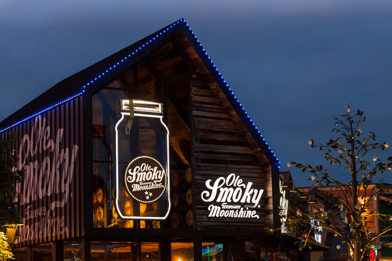 PIGEON FORGE, TN, USA - AUGUST 1, 2022: The Ole Smoky Tennessee Moonshine at The Island in downtown Pigeon Forge features tastings, moonshine, and other merchandise.