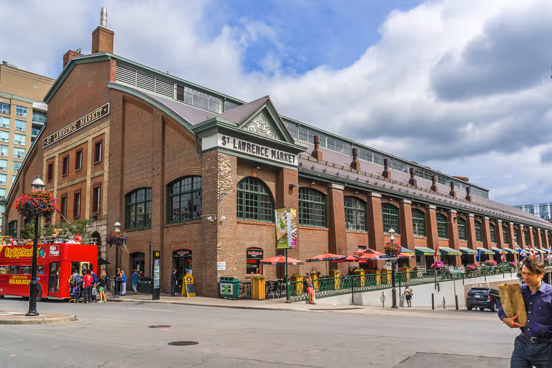TORONTO, CANADA - JULY 23, 2014: View of St Lawrence Market in central Toronto. This massive 19th century brick building is home to the city�s largest market.