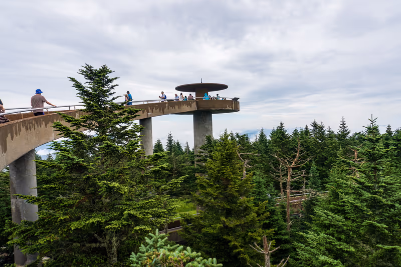 Great Smoky Mountains National Park -2022: Clingmans Dome Observation Tower. Concrete observation tower features a circular observation platform accessed by a spiral ramp.