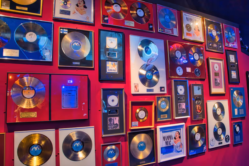 STOCKHOLM, SWEDEN - OCTOBER 31 2020: The ABBA Museum on October 30, 2020 in Stockholm. The ABBA museum has become of Stockholms major tourist attractions. This was during the Covid 19 Pandemic.