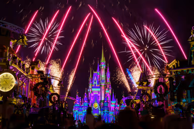 Orlando, Florida  USA - November 13, 2022: Spectacular fireworks display on the castle at Magic Kingdom.  Centered view of the castle.