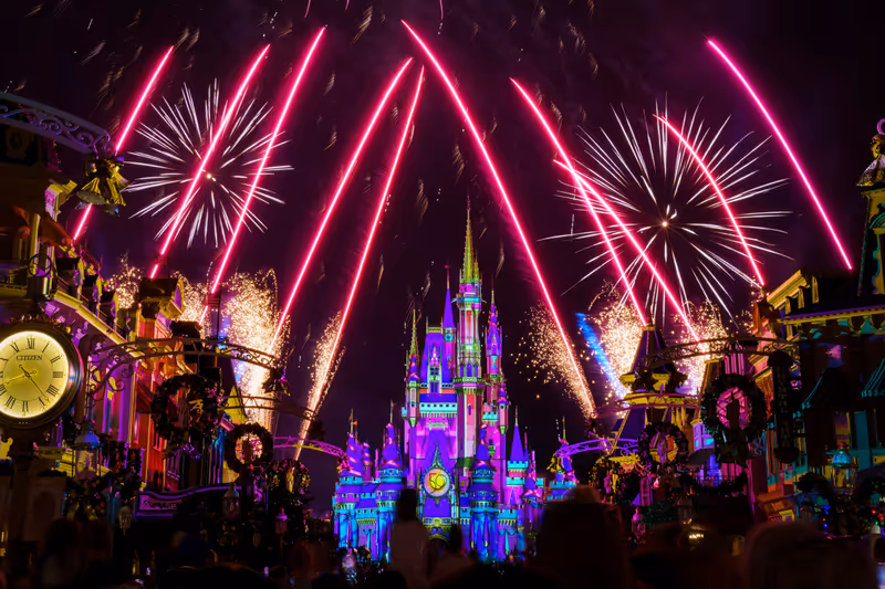 Orlando, Florida USA - November 13, 2022: Spectacular fireworks display on the castle at Magic Kingdom. Centered view of the castle.