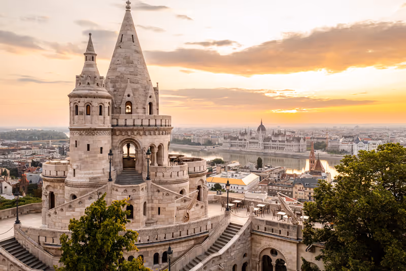 Fisherman's bastion and Parliament in Budapest