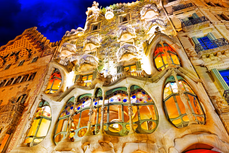 BARCELONA, SPAIN - SEPT  04, 2014: Night outdoor view  Gaudi&#39;s  creation-house Casa Batlo. The building that is now Casa Batllo was built in 1877 by Antoni Gaudi.