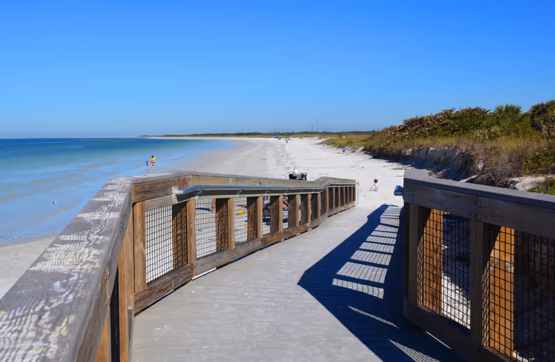 Boardwalk down to the quiet beach in Fort DeSoto Park.