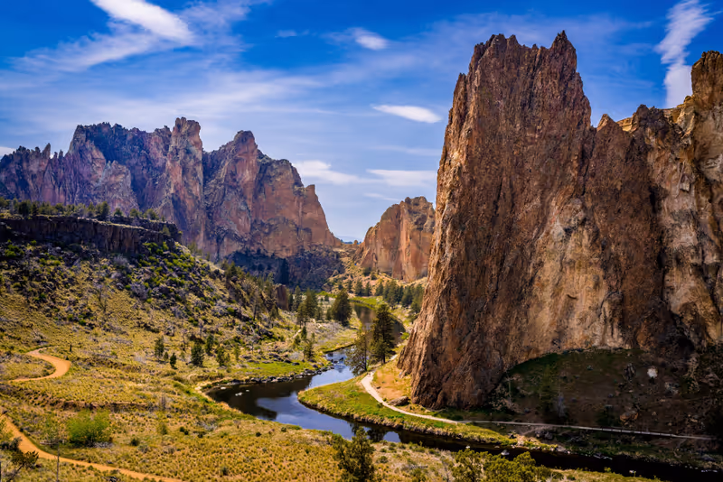 The Crooked River snakes through the valley at Smith Rock State Park Oregon
