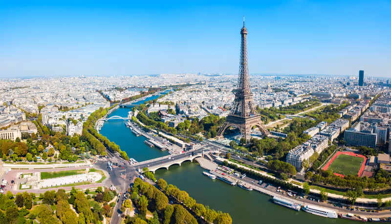Eiffel Tower or Tour Eiffel aerial view, is a wrought iron lattice tower on the Champ de Mars in Paris, France