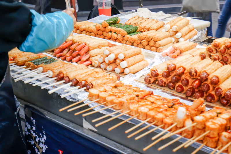 Korean fishcake, Eomuk or Odeng, freshly cooked and displayed on a food stall. Korean street food in Myeongdong, South Korea