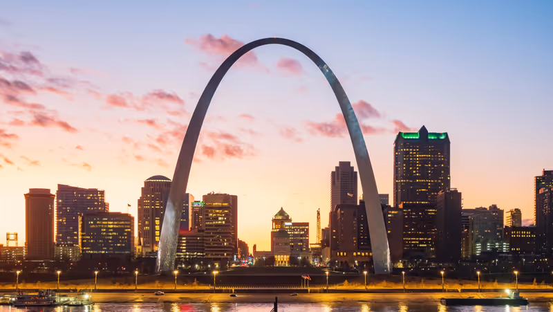 Evening view of the St Louis Skyline with The Gateway Arch at Missouri