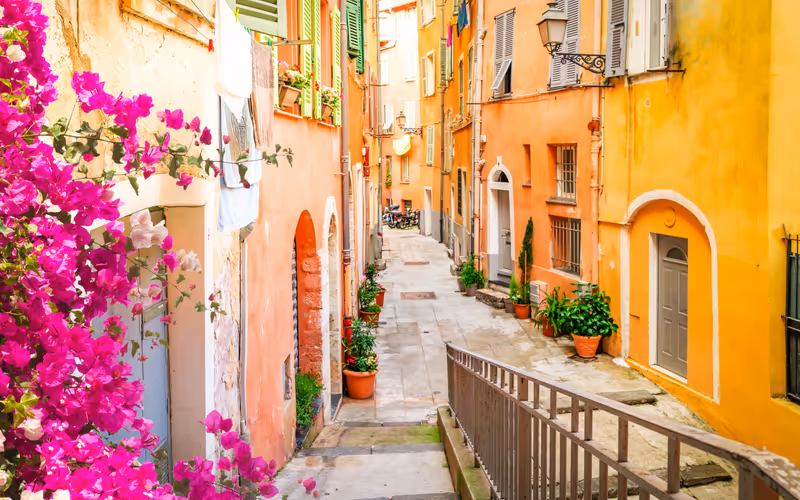 cosy street in old town of Nice, France, toned