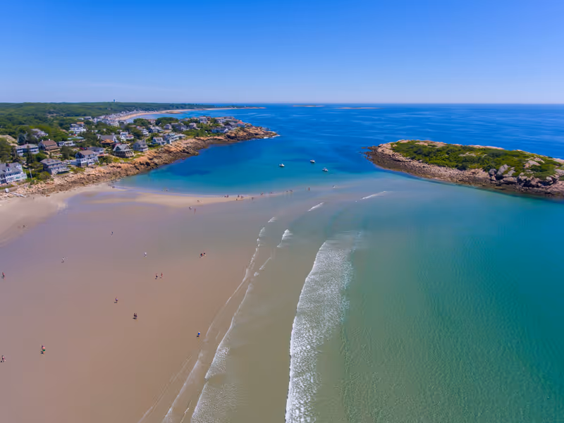 Good Harbor Beach and Salt Island aerial view in summer in Gloucester, Cape Ann, Massachusetts MA, USA.