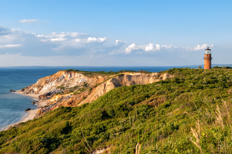 Aquinnah Clifffs Overlook and Gay Head Light during summer at Martha’s Vineyard, MA
