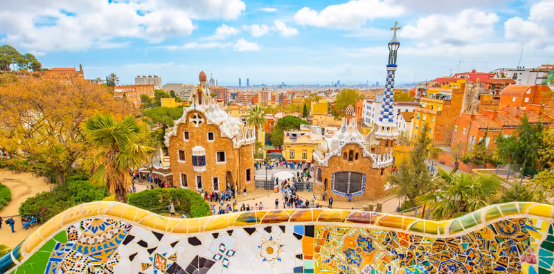 Barcelona city skyline, view from famous Park Güell, Spain travel photo. Guell Park is one of the most popular attractions in Barcelona city.
