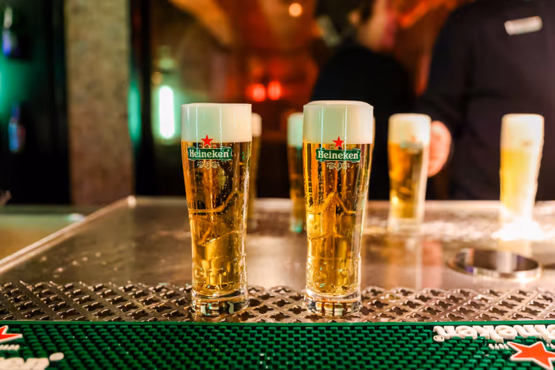 Amsterdam, Netherlands - March 29, 2023: Exhibits showing the history of the Heineken beer company at the Heineken Experience in Amsterdam